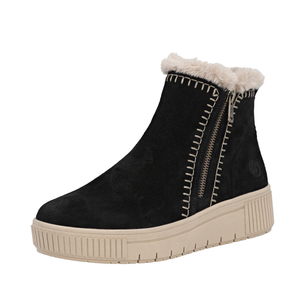 Remonte D3B70-03 Ladies Wide Black Suede Side Zip Ankle Boots