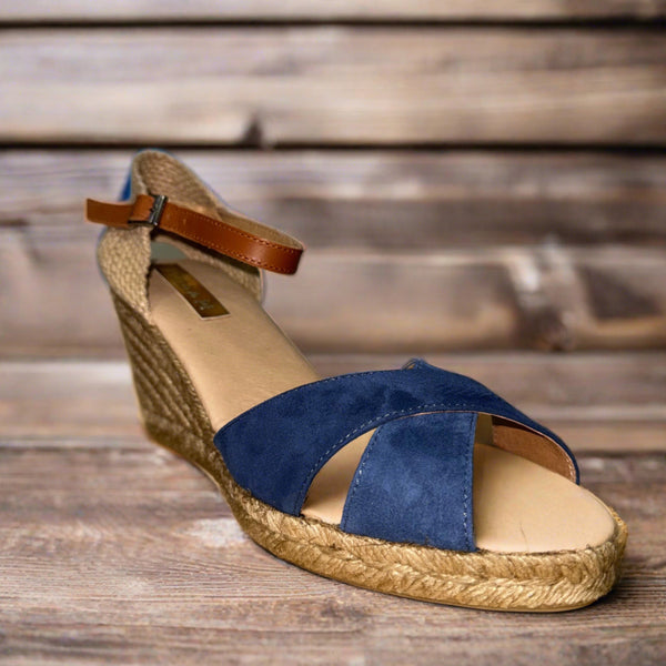 Pinaz Lona Blue Suede Espadrille Wedge Sandals