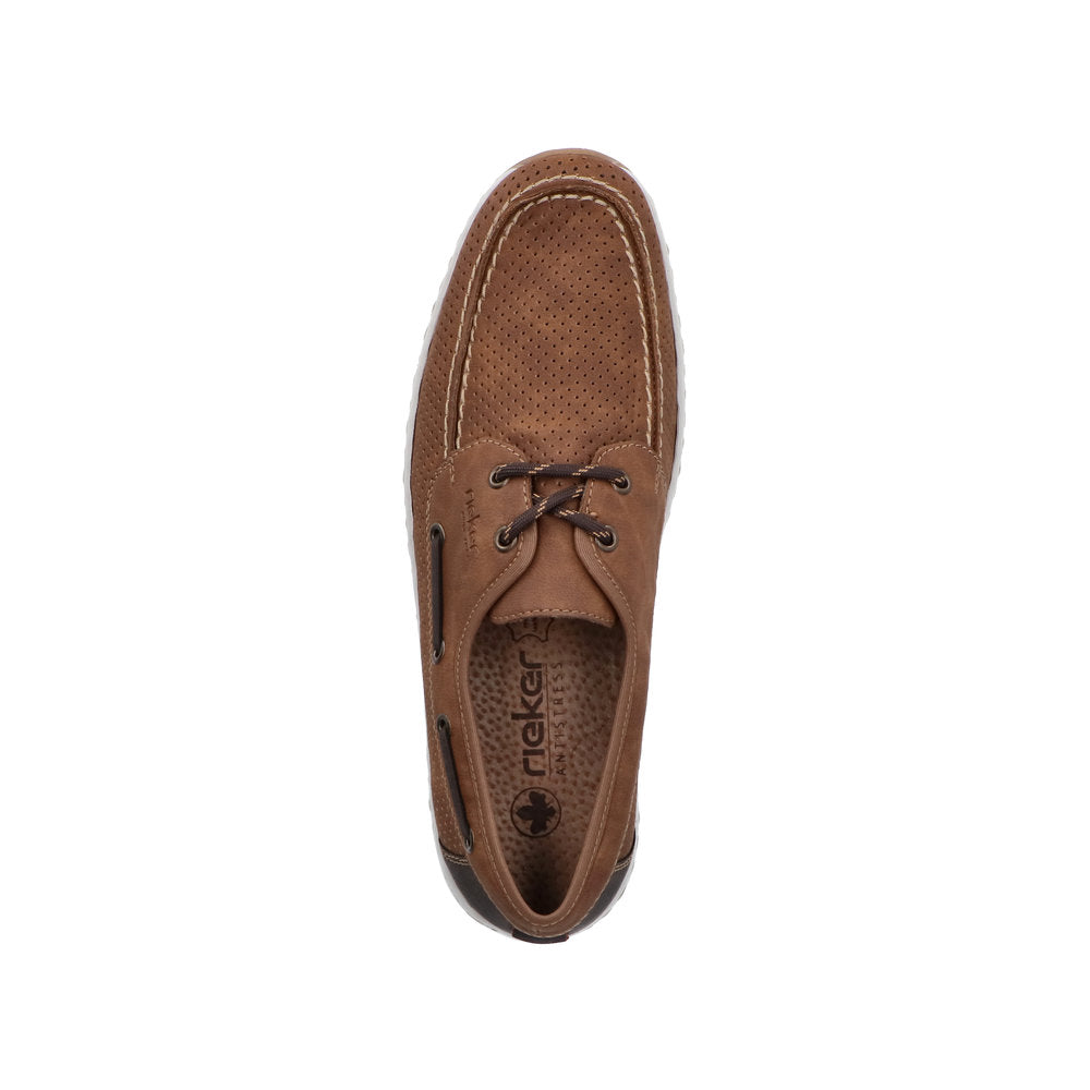Brown lace-up shoes with perforated leather and white sole; designed for comfort and a casual style.
