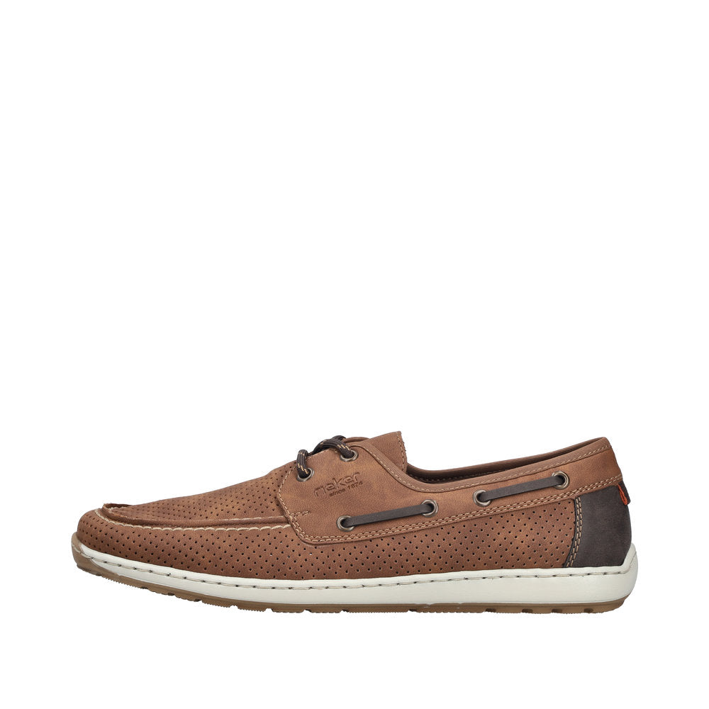 Rieker men's wide Moro brown lace-up shoes with perforated leather, contrast stitching, and white rubber sole.