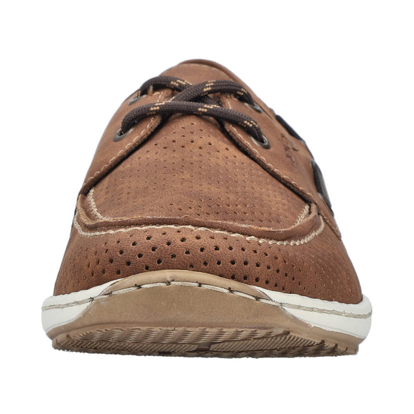 Men's Rieker lace-up shoes in Moro brown, featuring perforated leather and contrasting white sole. Stylish, casual design.