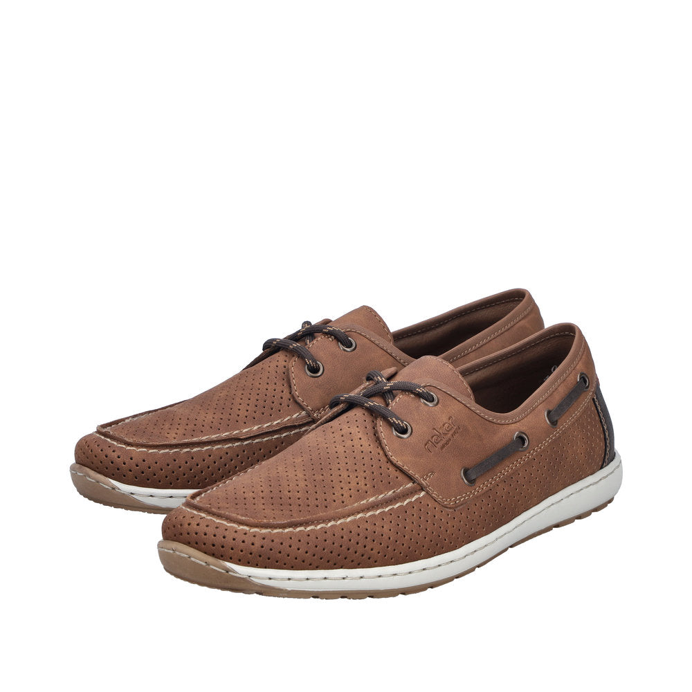 Brown lace-up shoes with perforated leather, contrasting dark accents, and a flexible white sole for comfort.