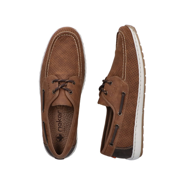 Men's brown lace-up shoes with perforated leather, wide fit, white and black rubber sole, and stitched detailing.