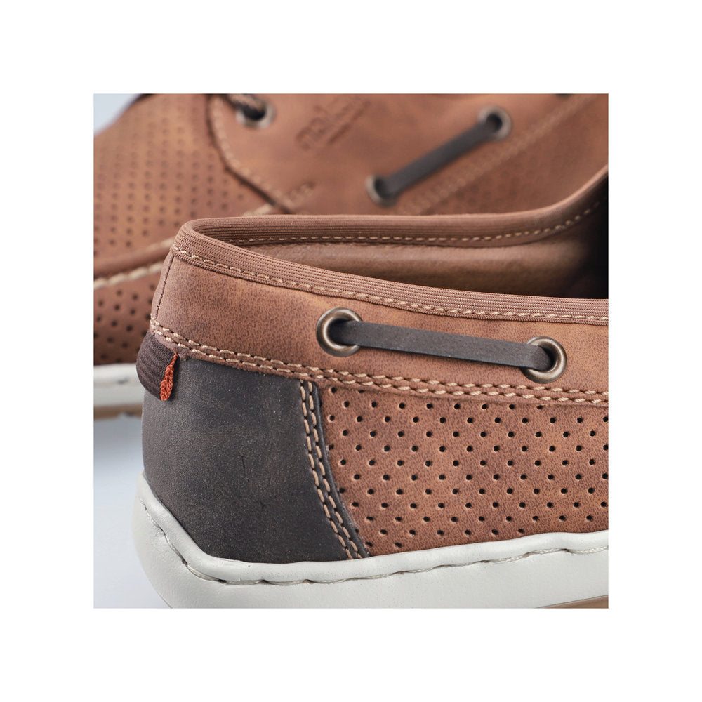 Rieker men's wide Moro brown lace-up shoes with perforated leather, contrasting dark heel, and white rubber outsole.