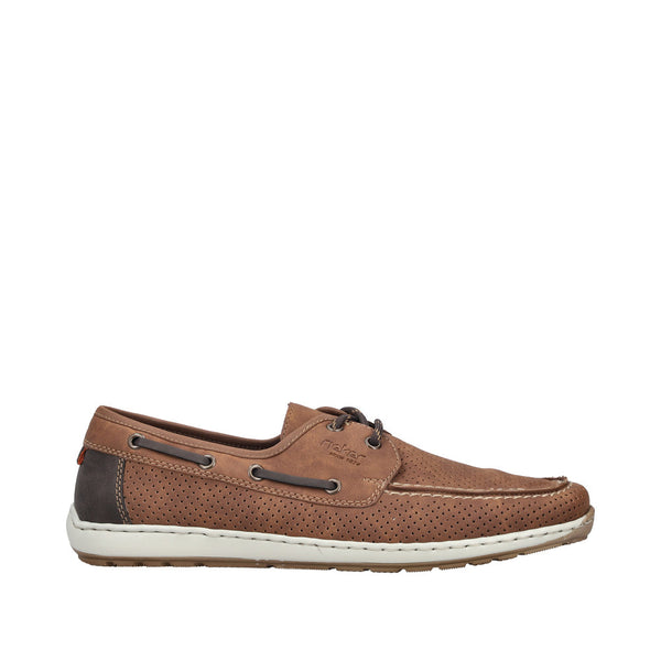 Rieker men's wide brown lace-up shoes with perforated material, dark heel detail, and white rubber sole.