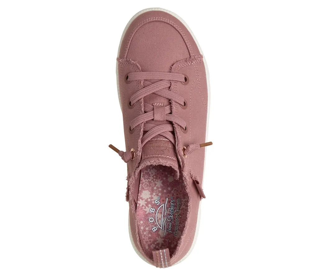 Skechers 114150 B Cute 2.0 Ladies Rose Vegan Textile Slip-On Trainers, stylish casual sneakers with frayed details and floral inner lining.