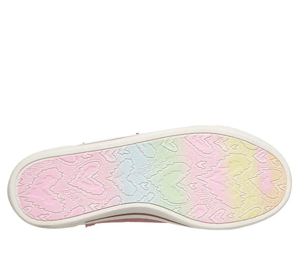 Skechers 114150 B Cute 2.0 ladies slip-on trainers with rose-colored vegan textile upper and pastel-colored heart-patterned rubber sole.