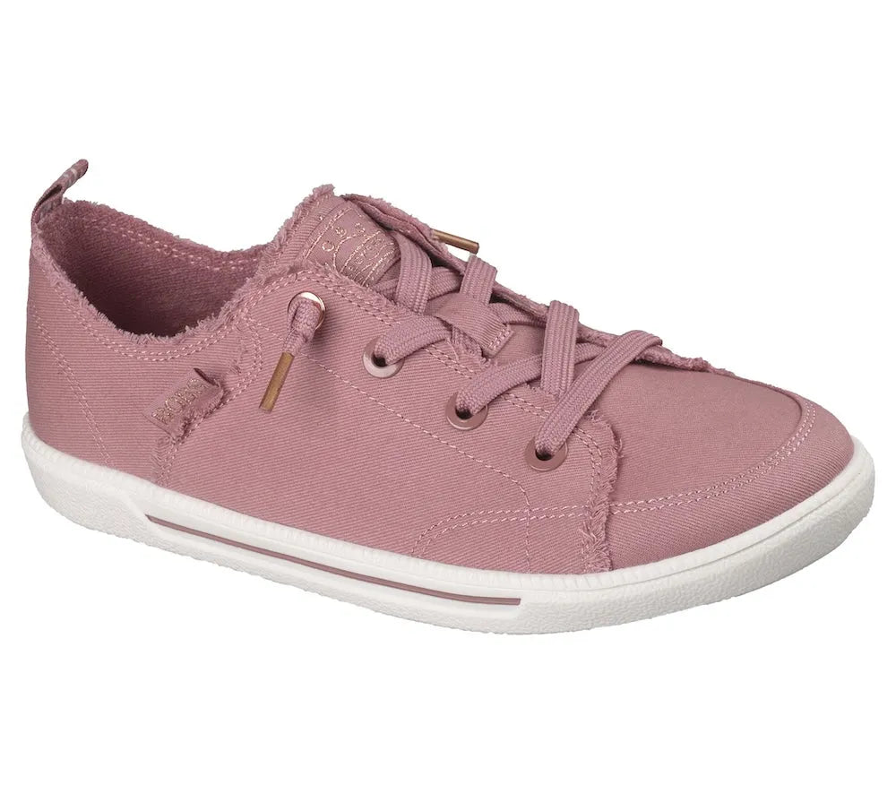 Skechers 114150 B Cute 2.0 Ladies Rose Vegan Textile Slip-On Trainers with lace-up design and white sole.
