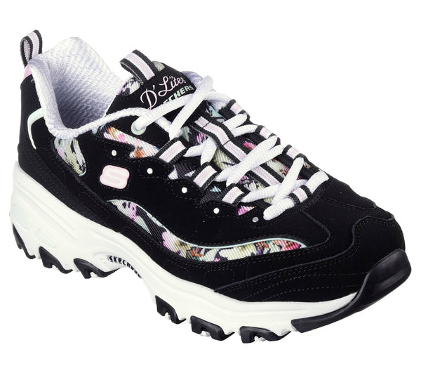 Skechers 149794 D'lites - Blooming Fields Ladies Black Multi Leather Lace Up Trainers