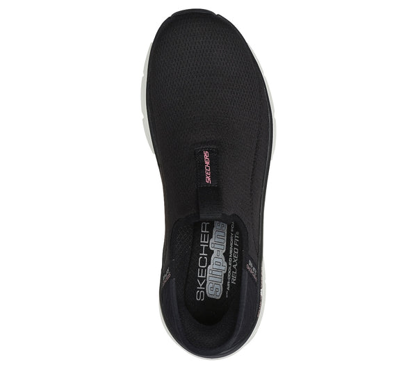 Skechers 150099 D'lux Walker 2.0-Happy Step Slip Ins Ladies Black Pink Textile Vegan Slip On Trainers