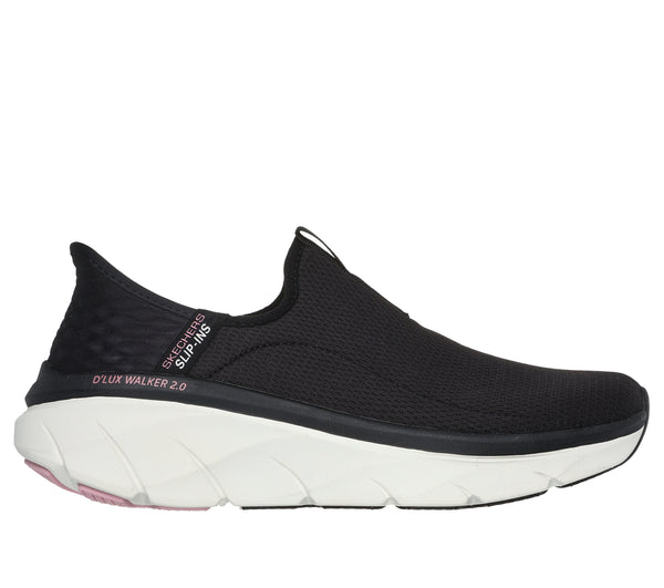 Skechers 150099 D'lux Walker 2.0-Happy Step Slip Ins Ladies Black Pink Textile Vegan Slip On Trainers