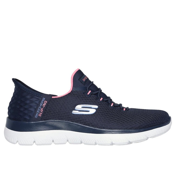 Skechers 150123W Summits-Diamond Dream Wide Slip Ins Ladies Navy Pink Textile Vegan Slip On Trainers