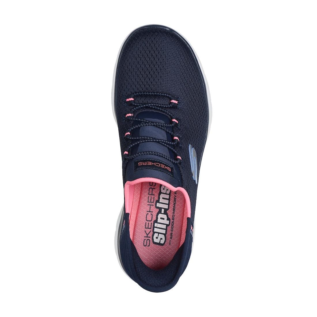 Skechers 150123W Summits-Diamond Dream Wide Slip Ins Ladies Navy Pink Textile Vegan Slip On Trainers