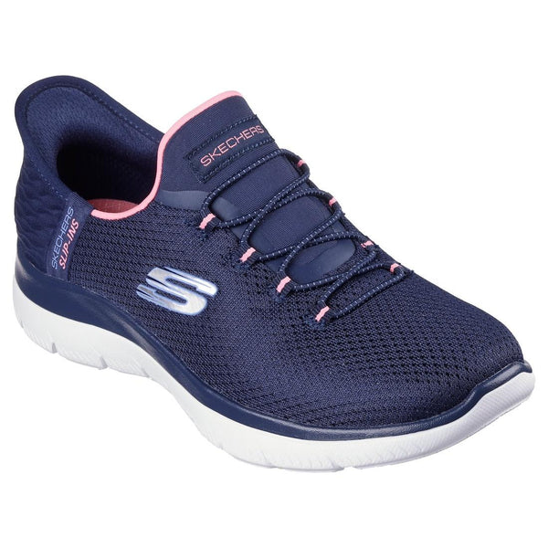Skechers 150123W Summits-Diamond Dream Wide Slip Ins Ladies Navy Pink Textile Vegan Slip On Trainers