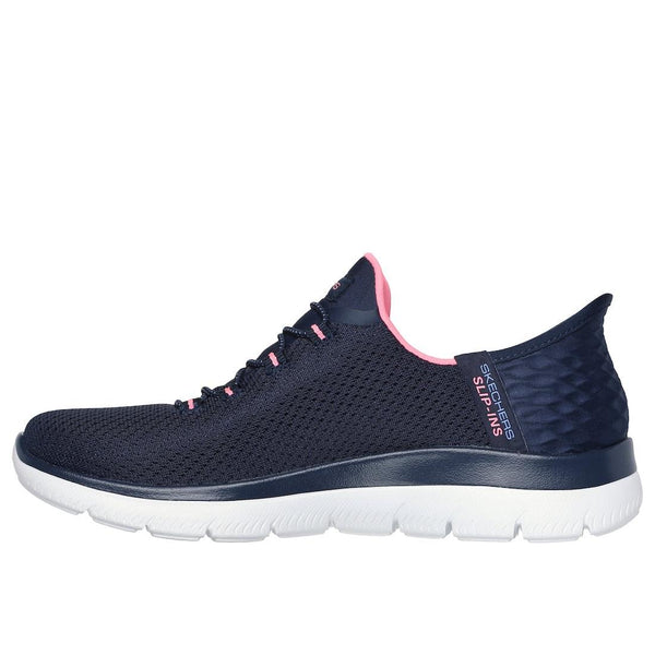 Skechers 150123W Summits-Diamond Dream Wide Slip Ins Ladies Navy Pink Textile Vegan Slip On Trainers