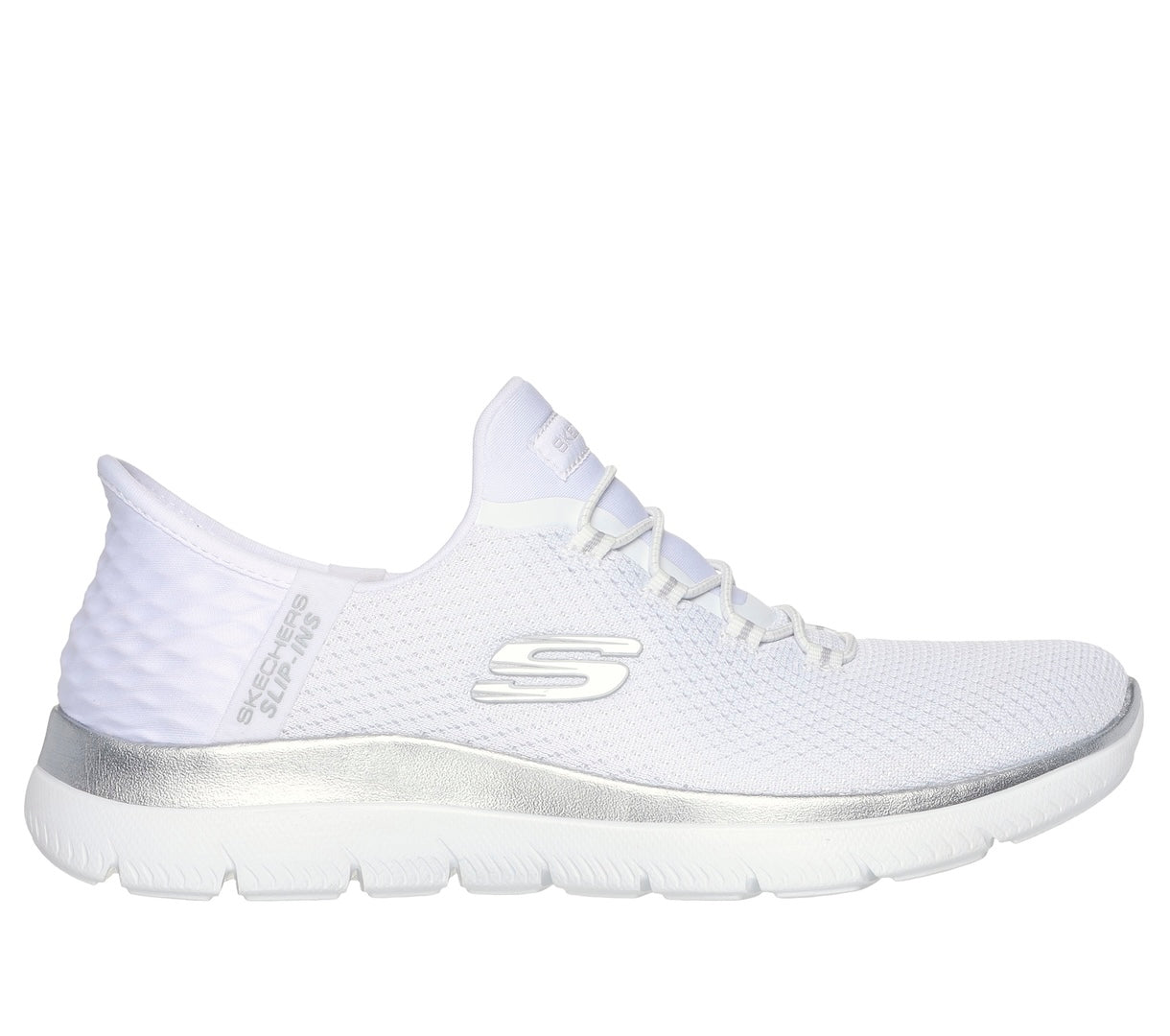 Skechers 150123 Summits-Diamond Dream Slip Ins Ladies White Silver Textile Vegan Slip On Trainers