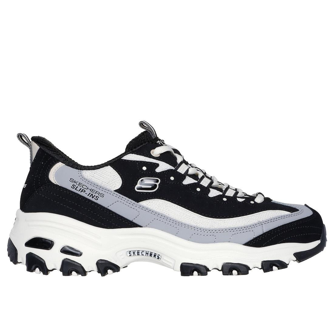 Skechers 150537 D’Lites Smooth Nostalgia Ladies Black/Natural Leather Lace Up Trainers