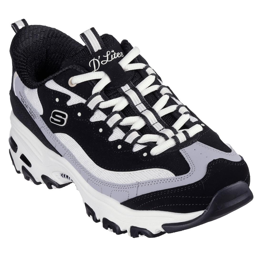 Skechers 150537 D’Lites Smooth Nostalgia Ladies Black/Natural Leather Lace Up Trainers