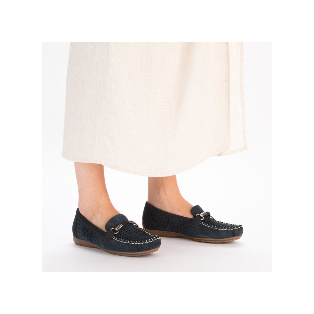 Rieker 40253-14 Ladies Navy Blue Leather Slip On Loafers