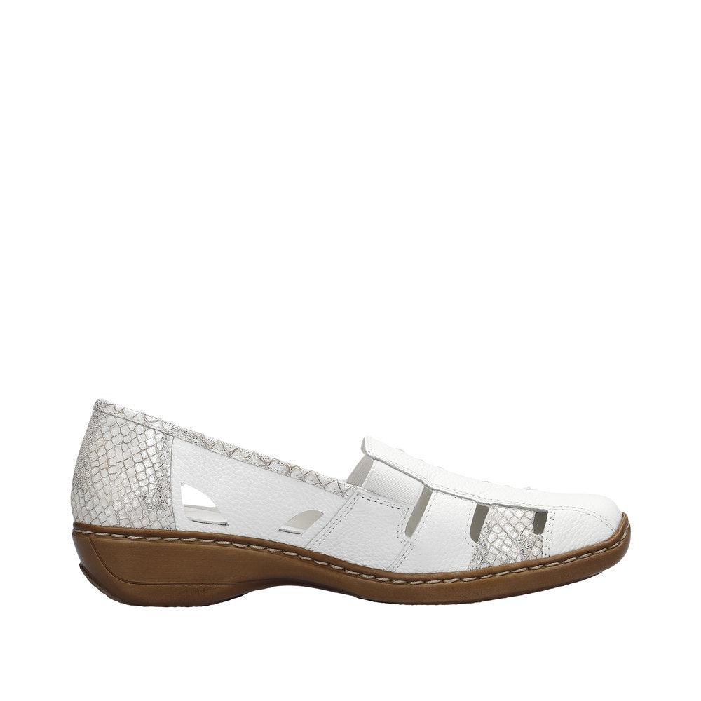 Rieker 41385-80 Ladies White/Silver Leather Slip On Loafers