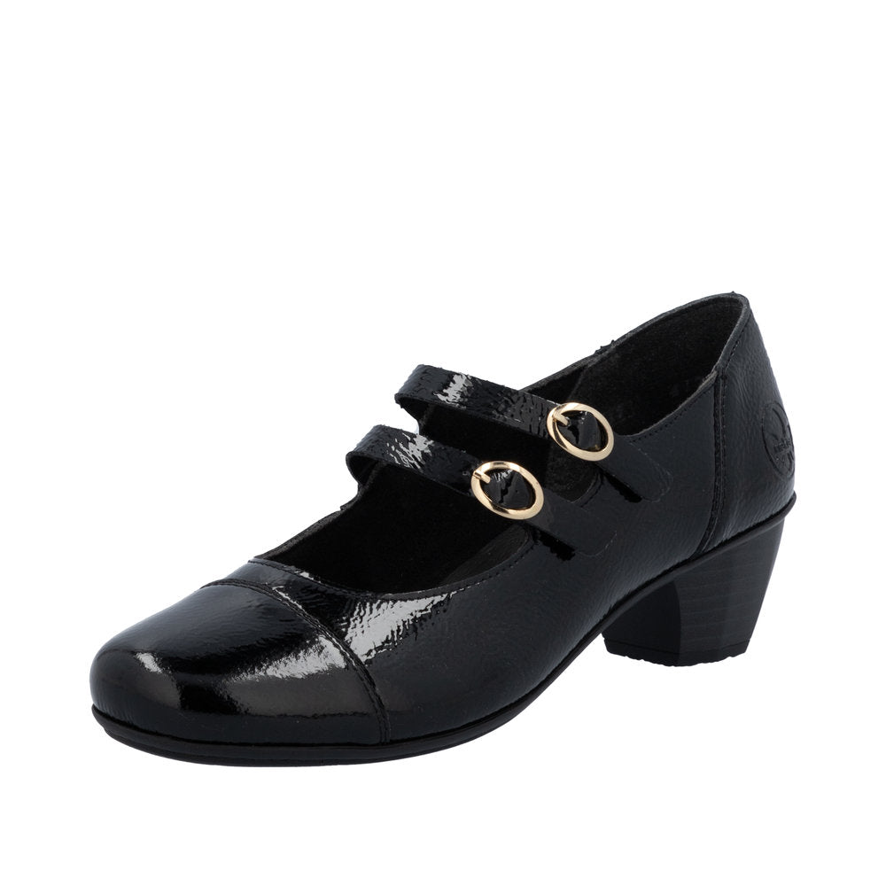 Rieker 41758-00 Ladies Black Patent Leather Buckle Heels