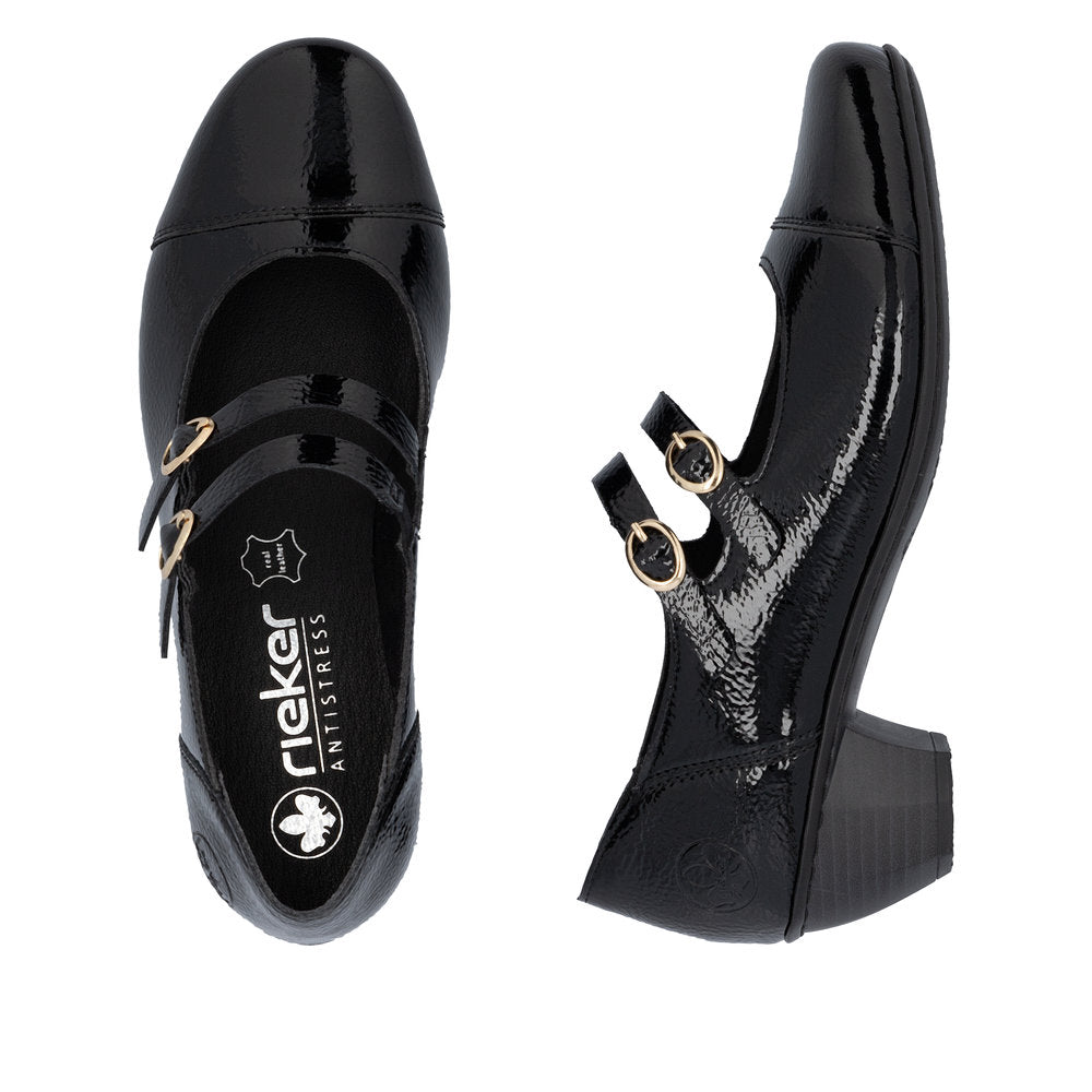 Rieker 41758-00 Ladies Black Patent Leather Buckle Heels