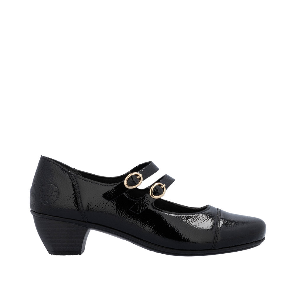 Rieker 41758-00 Ladies Black Patent Leather Buckle Heels