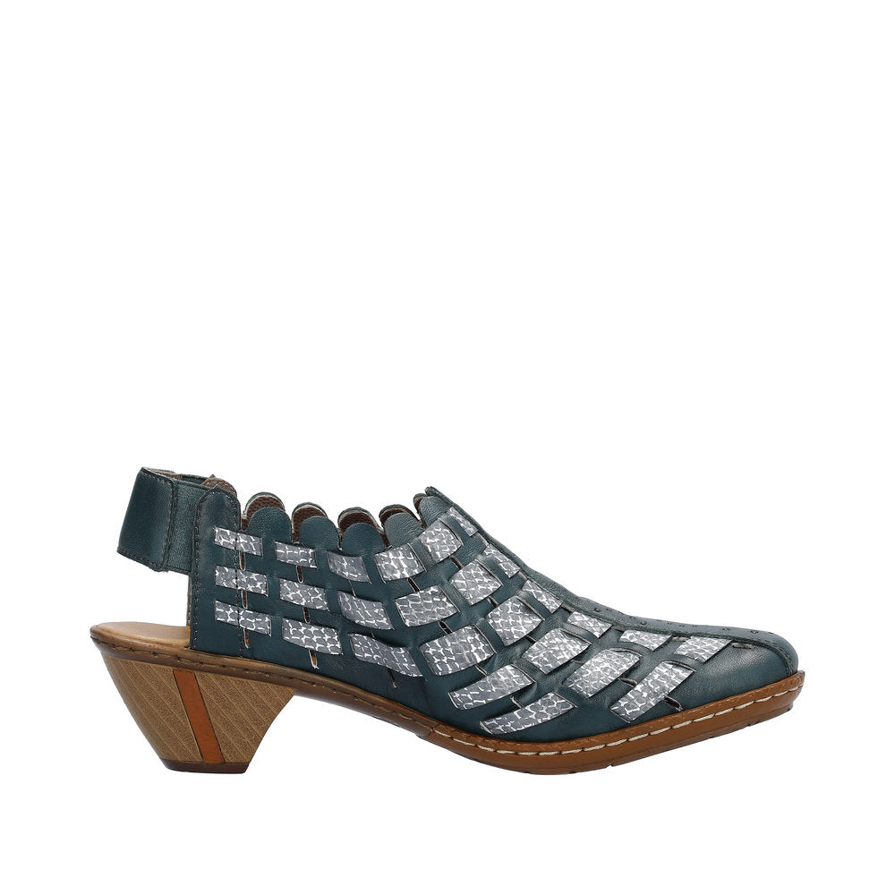 Rieker 46778-10 Ladies Blue & Silver Leather Slip On Sandals