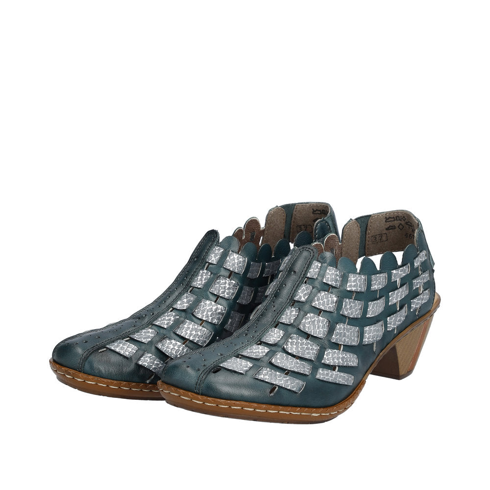 Rieker 46778-10 Ladies Blue & Silver Leather Slip On Sandals