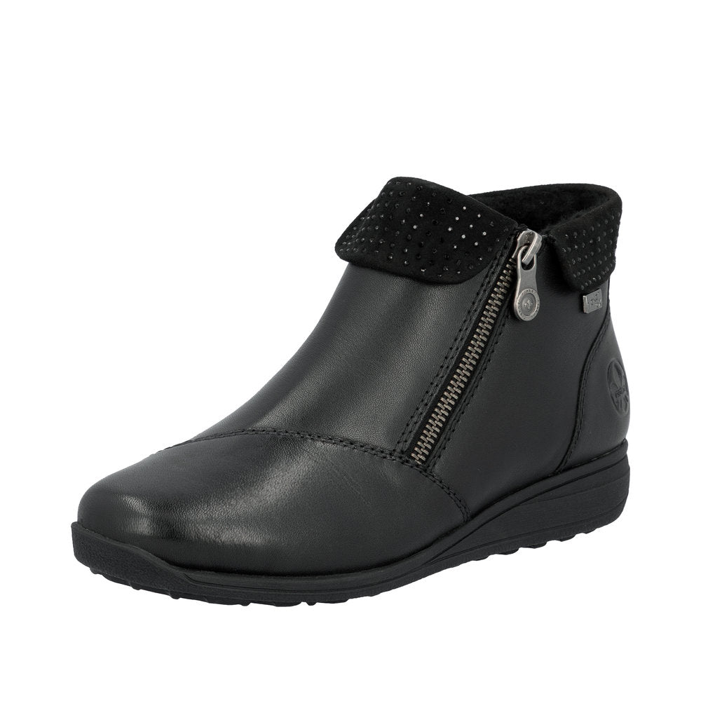 Rieker 47252-00 Ladies Black Leather Water Resistant Twin Zip Ankle Boots