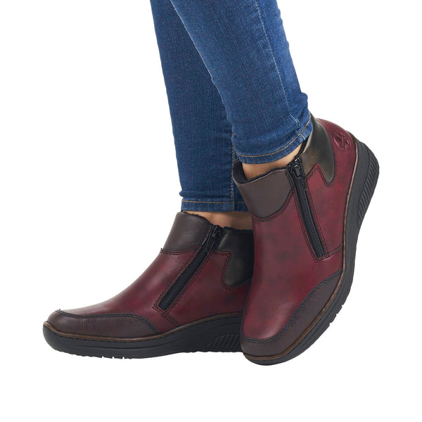 Rieker 48754-35 Ladies Red Combi Leather Twin Zip Ankle Boots