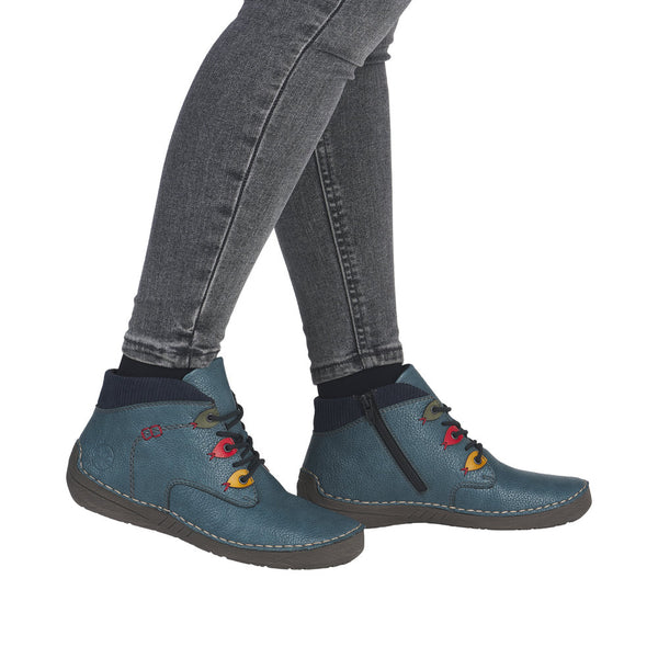 Rieker 52544-14 Ladies Blue Zip & Lace Ankle Boots
