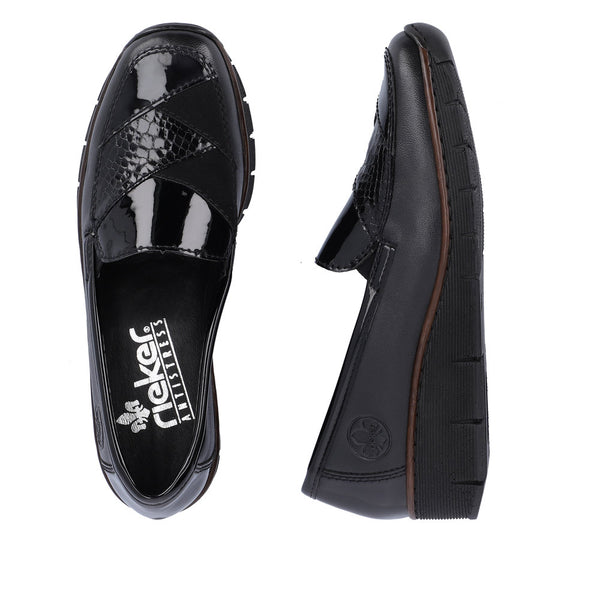 Rieker 53785-00 Ladies Black Combi Leather Slip On Loafers
