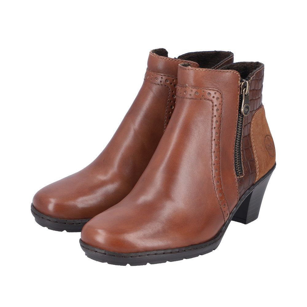 Rieker 57186-24 Ladies Brandy Leather Side Zip Ankle Boots