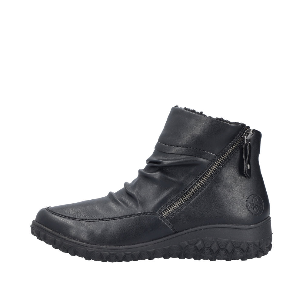 Rieker 59585-01 Ruched Ladies Black Twin Zip Ankle Boots