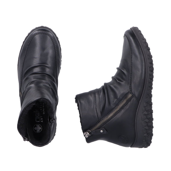 Rieker 59585-01 Ruched Ladies Black Twin Zip Ankle Boots