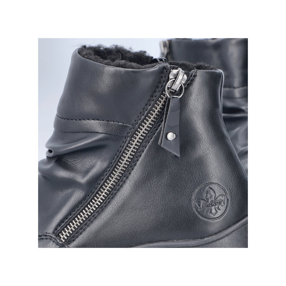 Rieker 59585-01 Ruched Ladies Black Twin Zip Ankle Boots