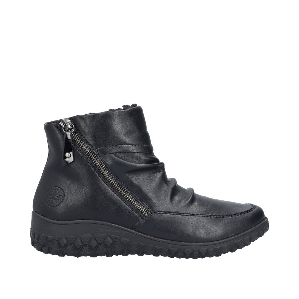 Rieker 59585-01 Ruched Ladies Black Twin Zip Ankle Boots
