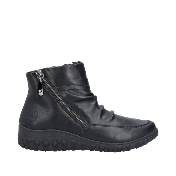 Rieker 59585-01 Ruched Ladies Black Twin Zip Ankle Boots