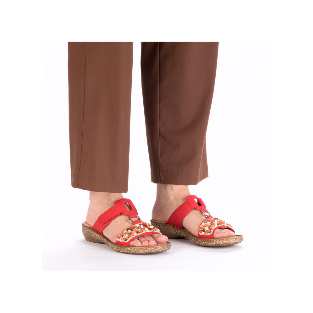 Rieker 62815-33 Ladies Red Synthetic Leather Touch Fastening Mules