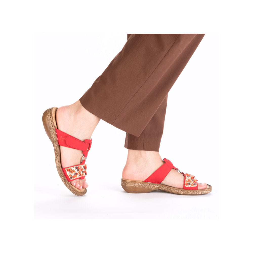 Rieker 62815-33 Ladies Red Synthetic Leather Touch Fastening Mules