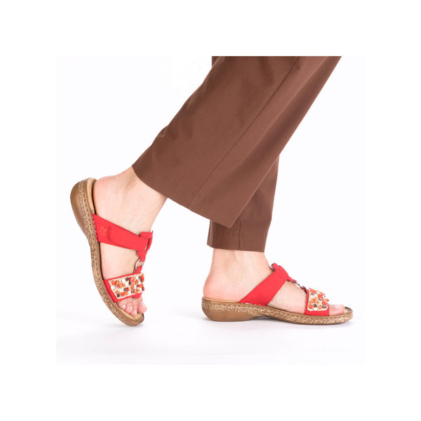 Rieker 62815-33 Ladies Red Synthetic Leather Touch Fastening Mules