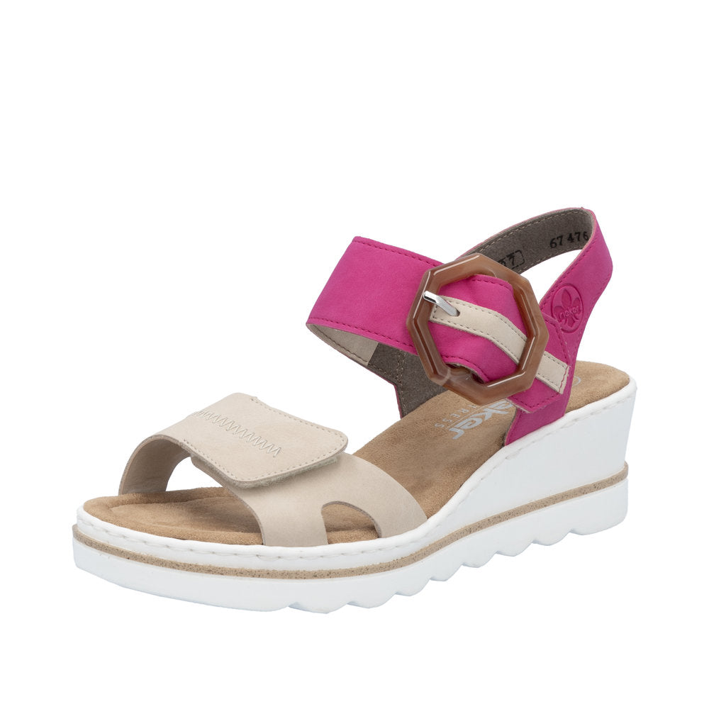 Rieker 67476-31 Ladies Beige/Fuchsia Synthetic Leather Buckle Sandals