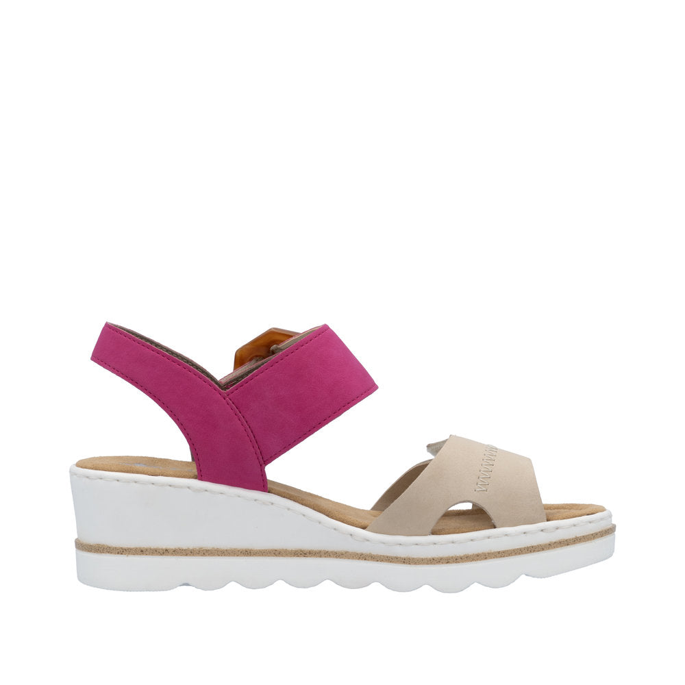 Rieker 67476-31 Ladies Beige/Fuchsia Synthetic Leather Buckle Sandals