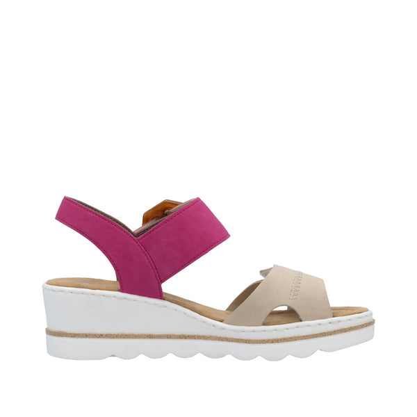 Rieker 67476-31 Ladies Beige/Fuchsia Synthetic Leather Buckle Sandals