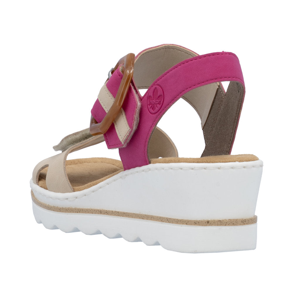 Rieker 67476-31 Ladies Beige/Fuchsia Synthetic Leather Buckle Sandals