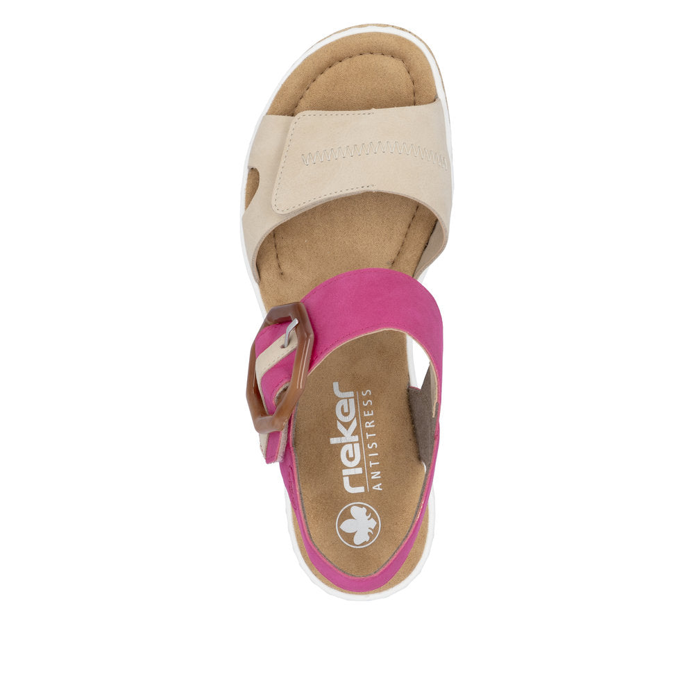 Rieker 67476-31 Ladies Beige/Fuchsia Synthetic Leather Buckle Sandals
