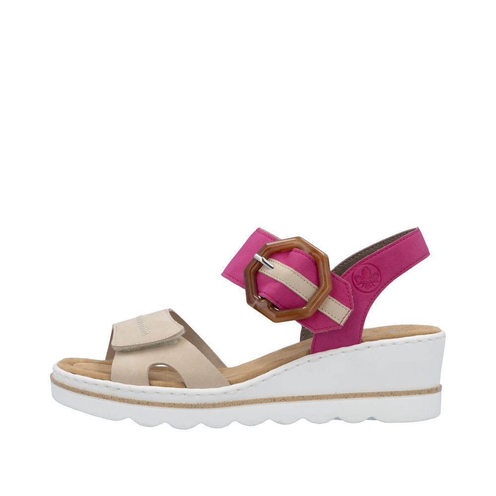 Rieker 67476-31 Ladies Beige/Fuchsia Synthetic Leather Buckle Sandals