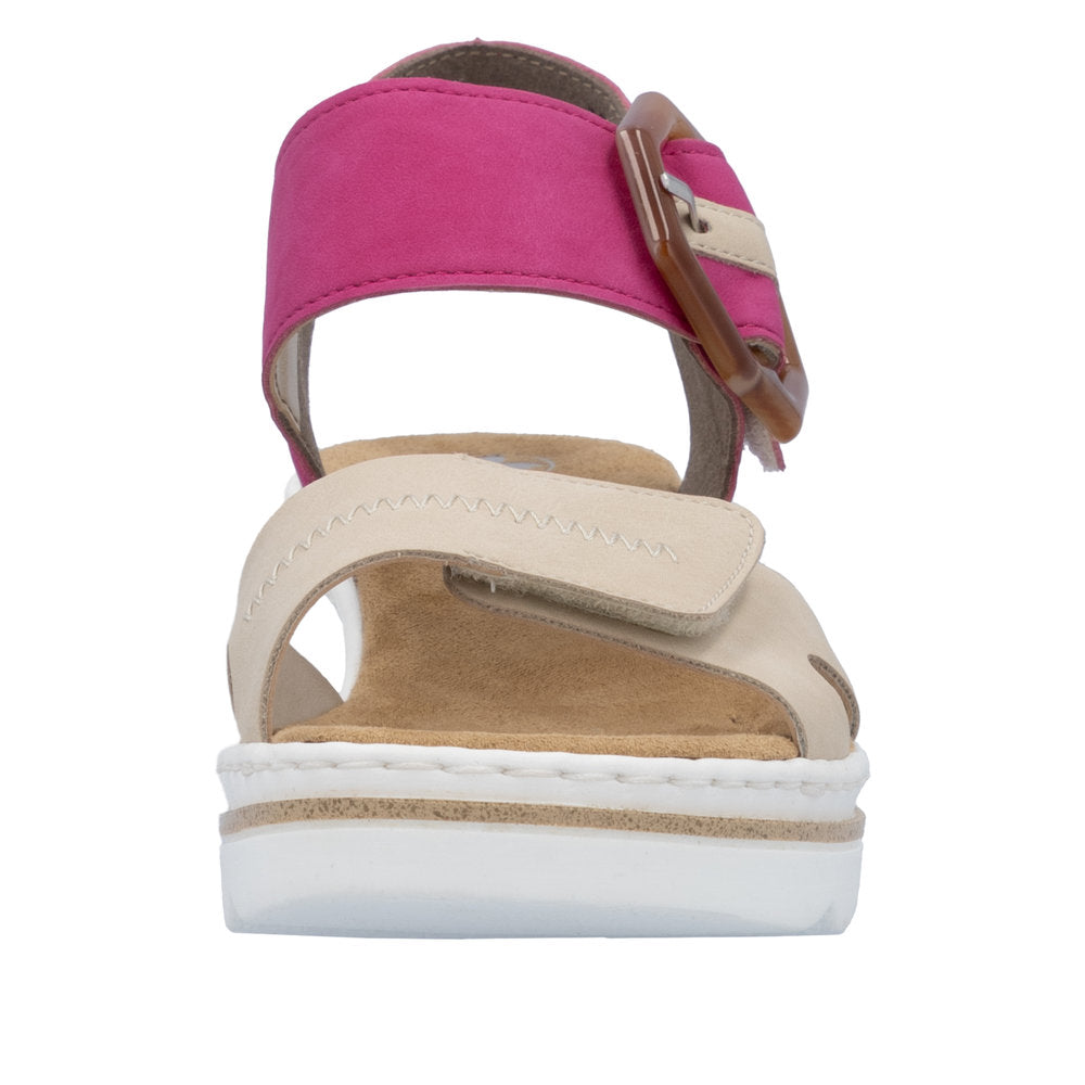 Rieker 67476-31 Ladies Beige/Fuchsia Synthetic Leather Buckle Sandals