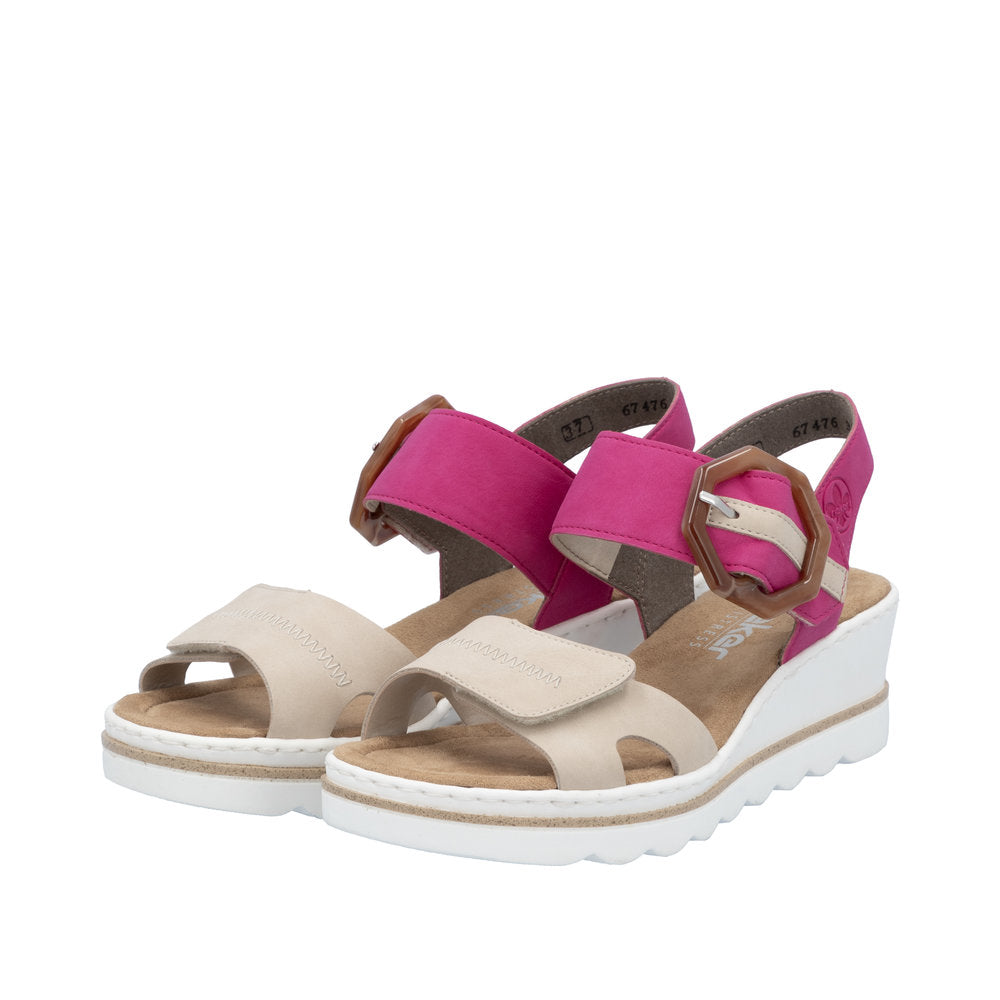Rieker 67476-31 Ladies Beige/Fuchsia Synthetic Leather Buckle Sandals